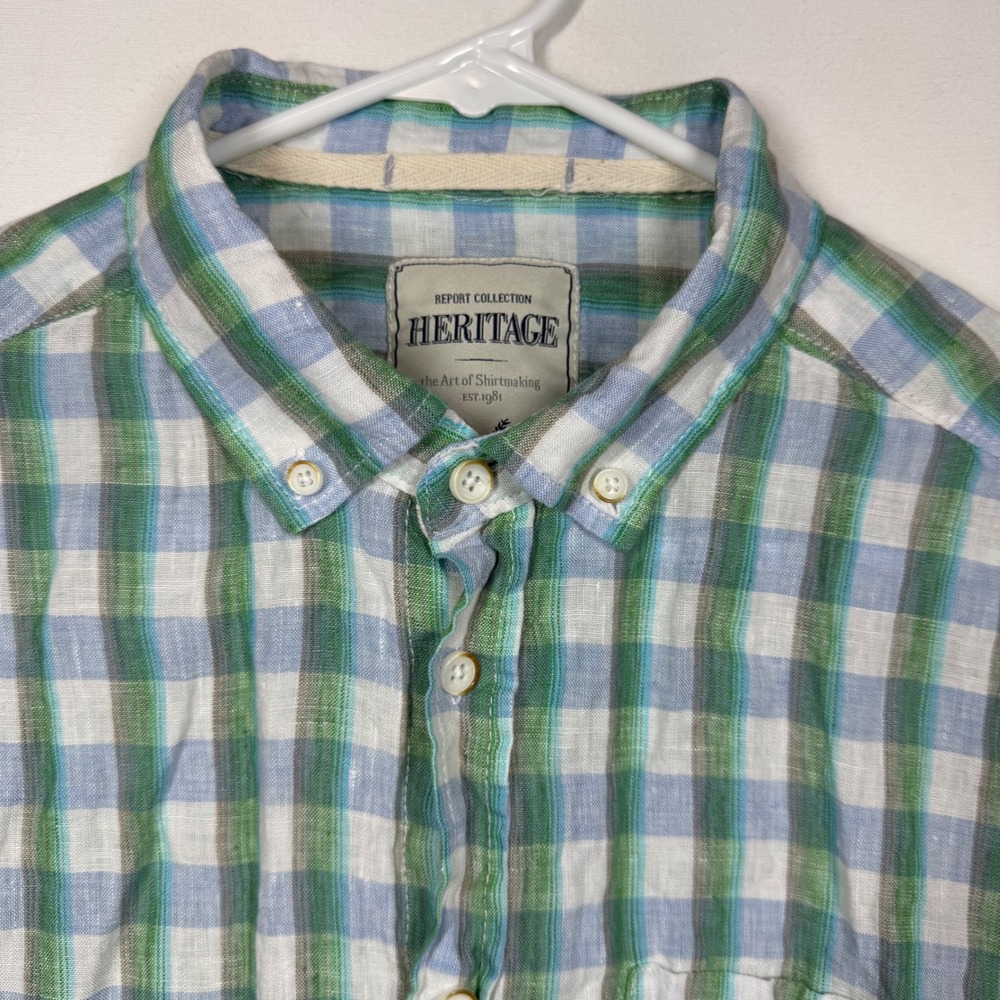 Heritage 100% Linen Button Down Shirt Plaid Short Sleeve Casual‎ Mens Sz Large